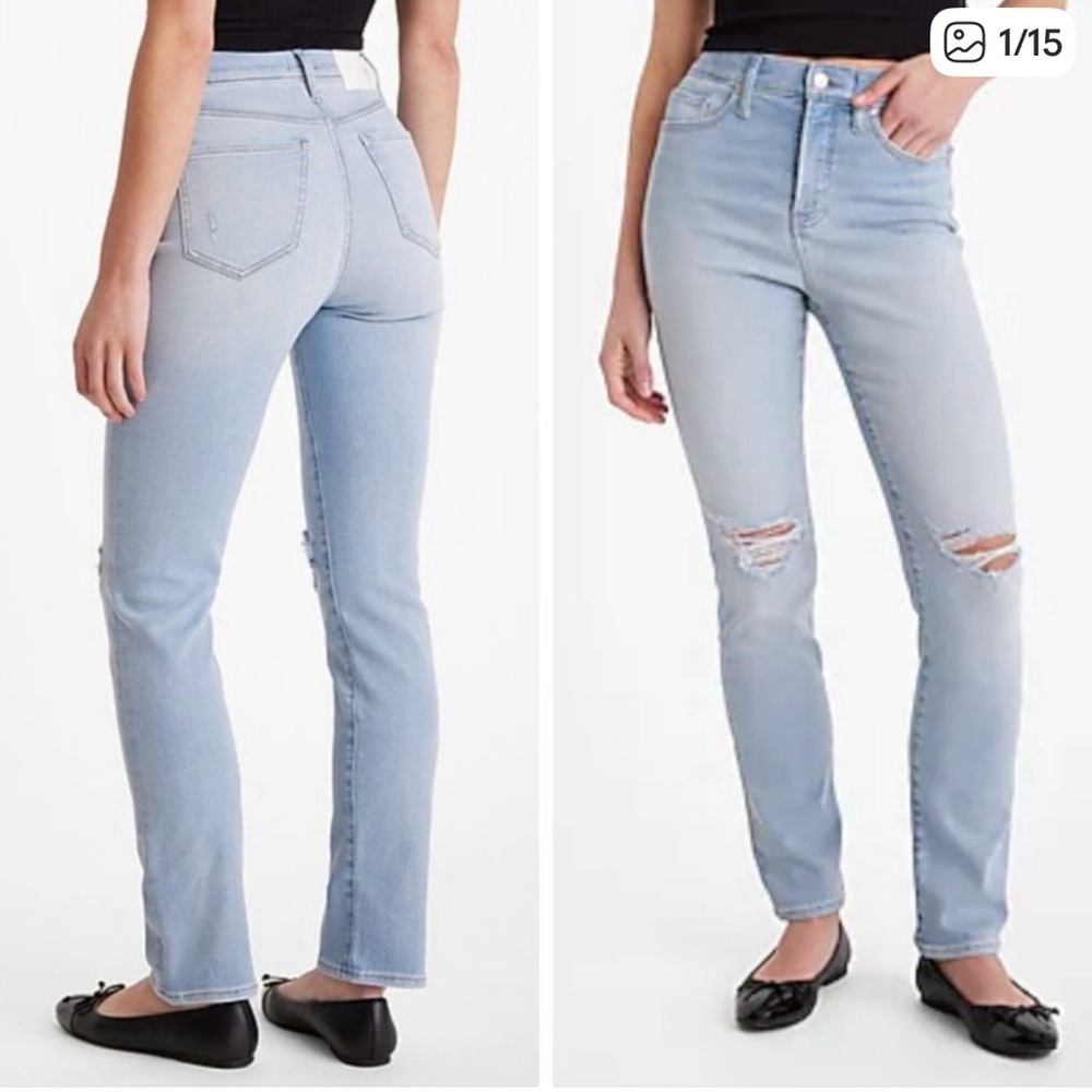Express slim super high rise light wash distressed jeans Size 14.